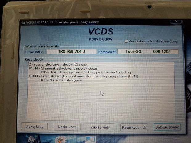 bład sterownika drzwi prawe tył touran